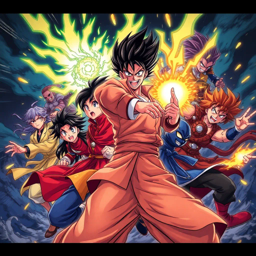 dynamic characters, intricate costumes, vibrant energy, vivid emotion, bold lines, expressive eyes, dramatic angles, energy bursts, vibrant colors, stylized action, cultural references, fantastical elements, modern storytelling, fluid motion, intense drama, character evolution, narrative depth, vibrant landscapes, animated world, stylistic exaggeration, Manga influences, deep shadows, contrasting tones, dynamic composition