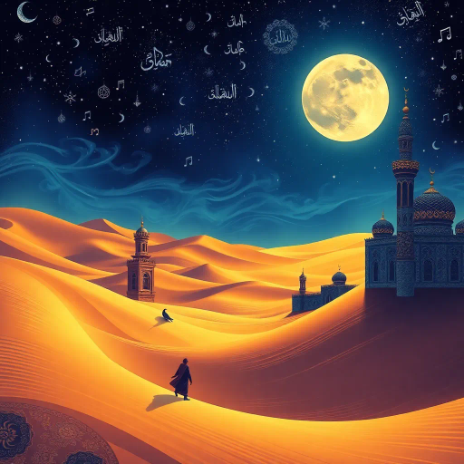 rich cultural tapestry, oriental ornaments, mystical allure, vibrant spices, warm desert hues, Arabian nights, intricate mosaics, celestial bodies, dreamlike surrealism, dynamic calligraphy, caravan journeys, desert oasis, traditional garments, storytelling, opulent palaces, Enki Bilal influences, luminous twilight, magical realism, ancient legends, luxurious fabrics, exotic landscapes, infinite horizons