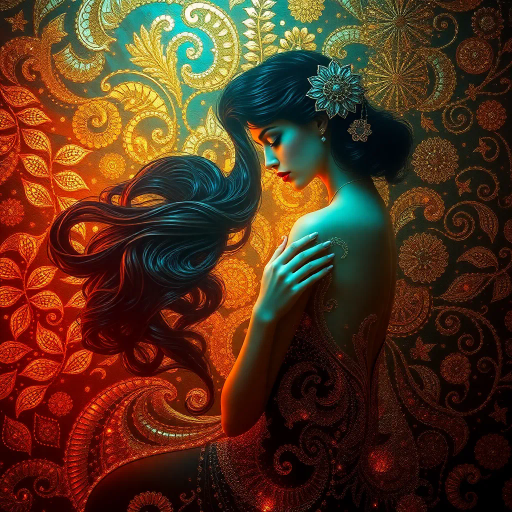 seductive allure, vibrant colors, ethereal lighting, Art Nouveau influence, dramatic curves, soft textures, sensuality, Gustav Klimt inspiration, flowing forms, luxurious detail, romantic mood, intimate ambiance, chiaroscuro, expressive movement, visual poetry, surreal elements, captivating gaze, rich fabric, elegant composition, timeless appeal, fluid lines, emotional depth