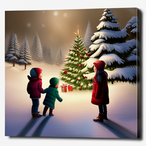 winter, children, Christmas tree, painting, traditional, snow, happiness, family, warmth, nostalgia, innocence, holiday, festive, cozy, realistic, muted colors, detailed, soft lighting, portrait, impressionistic, classic, festive atmosphere, traditional holiday scene, snow-covered landscape, heartwarming, winter wonderland