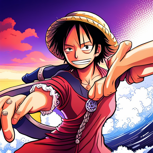 One Piece characters, vibrant colors, dynamic poses, action-packed scenes, epic battles, pirate adventure, intricate details, exaggerated proportions, comic book style, high energy, Shonen manga, unique character designs, emotional expressions, oceanic themes, devil fruits, straw hats, grand line, marine admirals, Yonko, character development, friendship, loyalty, dreams, determination, epic storytelling, large ensemble cast, mythical creatures, supernatural powers, anime