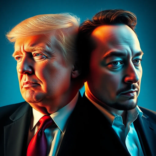 surreal portrait, Donald Trump, Elon Musk, juxtaposition, Salvador Dalí influence, modern digital techniques, bold lighting, vibrant color palette, futuristic elements, social commentary, dynamic composition, hyper-realistic textures, emotional contrast, metaphorical symbolism, light and shadow interplay, high-detail rendering, cultural icons, imaginative storytelling, visionary perspective, abstract forms, allegory, public figures, contemporary influence, iconic representation