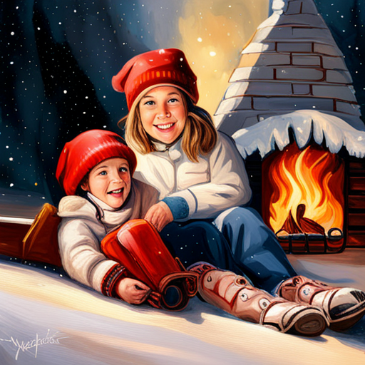 Winter, Children, Christmas Tree, Painting, Snow, Seasonal, Festive, Cold, Joyful, Holidays, Cozy, Traditional, Celebratory, Winter Wonderland, Playful, Whimsical, Magical, Colorful, Illuminated, Family, Love, Happiness, Snowflakes, Decorations, Festivities, Artistic, Light and Shadows, Soft Tones