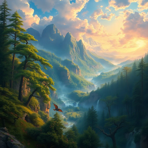 lush forests, mythical creatures, vibrant flora, Claude Monet, ethereal atmosphere, golden hour light, intricate patterns, vivid colors, enchanted landscapes, surreal elements, dreamlike, whimsical mood, magical realism, expansive vistas, Renaissance influence, detailed foliage, flowing rivers, soft textures, twilight glow, mystical ambiance, narrative composition, harmonious balance, imaginative world