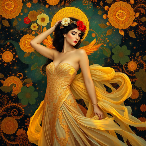 elegant women, ethereal beauty, Gustav Klimt, Art Nouveau, luminous lighting, intricate details, opulent patterns, vivid colors, flowing fabrics, feminine grace, expressive poses, dreamlike scenery, delicate textures, harmonious composition, serene yet powerful, cultural fusion, imaginative interpretation, timeless elegance, artistic allure, vibrant backdrop, atmospheric vitality, fantastical environment, captivating allure, emotional depth, dynamic perspective, visionary portrayal, iconic motifs, luxurious ambiance