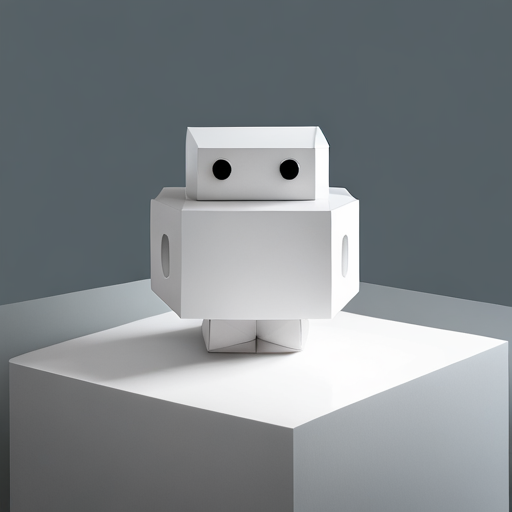 Minimalist, geometric, robot sculpture, cuteness, simplicity, white space, light sources, texture