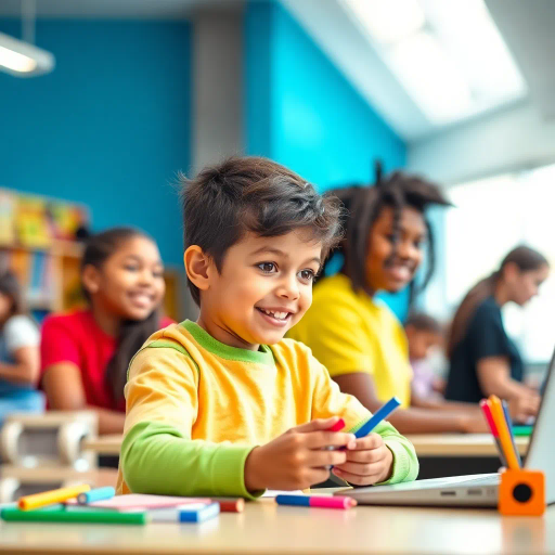 school student, vibrant colors, learning, curiosity, youth, exploration, diverse backgrounds, dynamic composition, modern classrooms, bright lighting, future possibilities, innovative teaching, inspirational setting, multicultural influences, energetic environment, student engagement, interactive technology, individualized attention, supportive learning, discovery, imagination, contemporary education, nurturing mentors, growth mindset, collaborative spaces