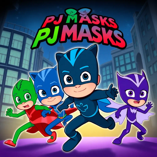 animated characters, children's television show, PJ Masks, superhero, vibrant colors, action-packed, dynamic poses, energetic, exaggerated expressions, adventure, teamwork, masks, mystery, young heroes, nighttime, comic book style, stylized animation, dynamic composition, Akira Toriyama, Hayao Miyazaki, Studio Ghibli, bold outlines, cel shading, vibrant hues, whimsical storytelling, heroic journey, dramatic angles, playful mood, imaginative worlds, traditional animation techniques, youthful spirit, contemporary influences