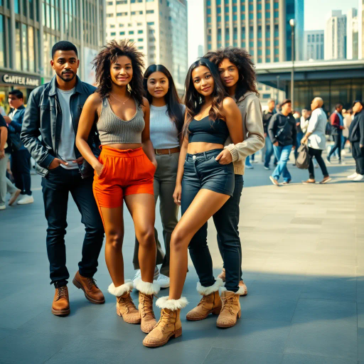 realistic, modern fashion, urban setting, candid moment, public space, Ugg boots, diverse representation, natural light, street fashion photography, inclusion, casual attire, contemporary style, spontaneous expression, cultural trends, vibrant colors, body positivity, cityscape, everyday life, social interaction, confidence, dynamic composition