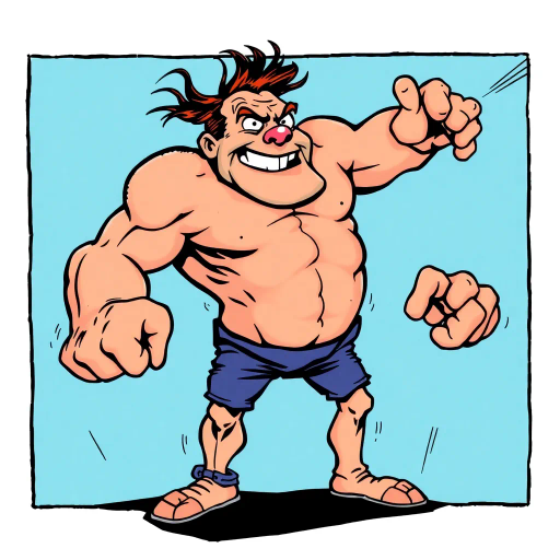 exaggerated anatomy, humorous approach, bold lines, vibrant colors, dynamic composition, graphic novel style, playful interpretation, pop culture influences, satire, oversized proportions, cheeky expression, cartoonish, bold contours, action-packed, energetic framing