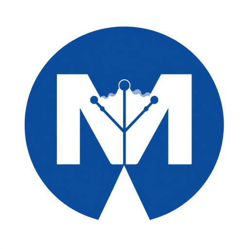 minimalist, bold, letter M, logo design, solid geometric shapes, V-shaped connectors, branching lines, hierarchy symbolism, indigo blue color palette, flat vector style, clean composition, modern SaaS branding, software aesthetics, white background, high-tech elegance, contemporary design, clarity, sleek presentation, geometric precision, corporate identity, monochromatic balance, visual hierarchy