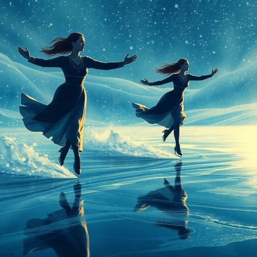 winter landscape, graceful skater, Olympic competition, dynamic motion, surreal elegance, glistening ice, dramatic lighting, vibrant colors, fluid movement, delicate balance, modern artistry, celebratory atmosphere, sportsmanship, international influence, precise technique, Alexander Calder inspiration, futuristic design, cold palette, geometric patterns, sweeping lines, epic scale, abstract realism, vivid textures, harmonious composition