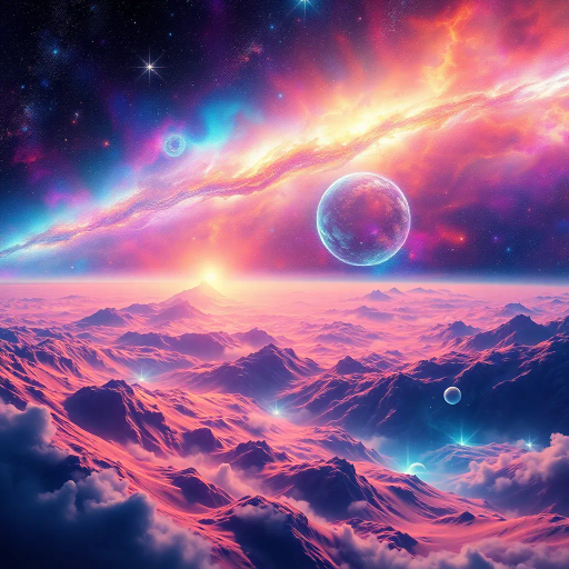 cosmic vistas, celestial landscapes, futuristic, vibrant nebulas, star clusters, vast galaxies, ethereal light, Hubble-inspired, vibrant color palettes, science fiction, surreal horizons, distant planets, cosmic dust, expansive space, swirling shapes, dynamic movement, deep space exploration, imaginative worlds, interstellar travel, otherworldly, surrealism, space-time continuum, vastness, galactic elegance, digital-art, abstract expressionism, Salvador Dalí, cosmic realism, luminescent aura, spectral light, astral phenomena, transcendent experience, cosmic symmetry, infinite expanse, universe tapestry, kaleidoscopic vision, outer dimensions, art cosmos, intergalactic serenity, time-bending realms, Einsteinian influences, cosmic intricacies