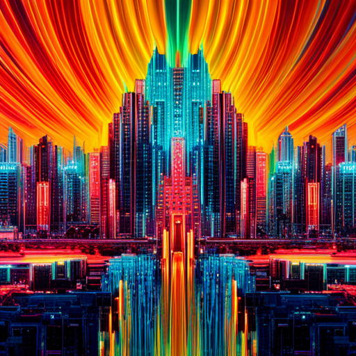 futuristic, artificial intelligence, data visualization, machine learning, generative art, wires and circuits, cyberpunk, neon colors, maximalism, complex patterns, glitch art, technology, perspective, movement, geometric shapes, symbolism