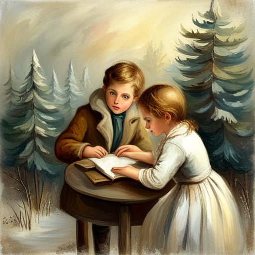 vintage, oil painting, classical, impressionism, muted colors, textured brushstrokes, 19th century, romanticism, traditional, natural lighting, landscape, nostalgia, delicate, thick paint, expressive, European, atmospheric, serene, rustic, aged, soft edges, Winter Children under a Christmas Tree Painting, classic