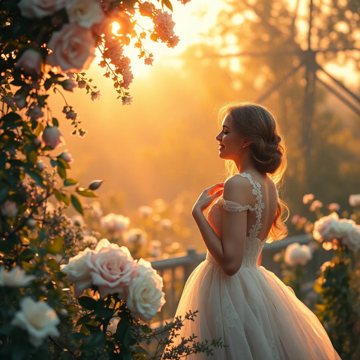 romantic celebration, ethereal beauty, impressionist influences, golden hour lighting, delicate pastels, soft focus, dynamic composition, rich textures, timeless elegance, modern romanticism, enchanted garden, florals of Claude Monet, narrative depth, classical romance, vibrant joy, serene atmosphere, intricate details, harmonious balance, joyful moments, Renoir's brushstrokes