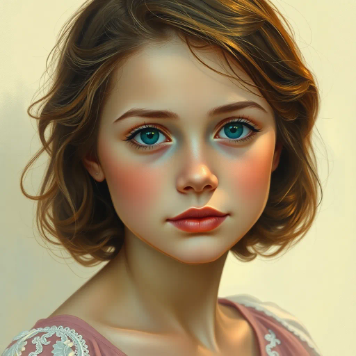 charming youthful figure, hyper-realistic depiction, intricate details, vibrant color palette, soft diffused lighting, delicate brushstrokes, contemporary realism, warm tones, emotive expression, gentle textures, tender atmosphere, dynamic composition, inspired by Norman Rockwell, serene mood, rich saturation, portrait, soft focus, expressive eyes, elegant posture, artistic storytelling, fine art quality
