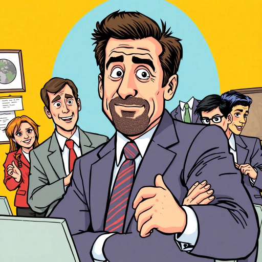 Michael Scott, vibrant colors, humorous expression, dynamic composition, satirical tone, exaggerated features, playful mood, pop art style, witty dialogue, tv sitcom influences, The Office, ensemble cast, mockumentary style, quirky everyday life, character dynamics, cultural phenomenon, Steve Carell, Dunder Mifflin, paper company, office antics, relatable humor, expressive line work, sequential art story, vibrant palette, americana, interaction, narrative humor, iconic moments, lighthearted ambiance, dynamic poses, Jim Halpert, Pam Beesly, Dwight Schrute, vibrant personalities, comedic timing, sketch-like outlines, cartoonish exaggeration, character-centric atmosphere