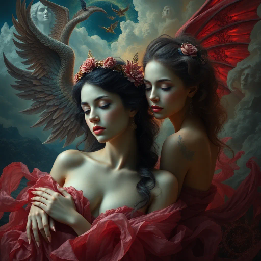 ethereal muses, surreal allure, vibrant hues, chiaroscuro light, Baroque influences, dreamlike landscapes, evocative symbolism, flowing forms, opulent textures, emotional depth, Caravaggio drama, mythical realms, intimate portraits, sensual elegance, soft focus, Renaissance revival, dramatic contrasts, hidden mysteries, whimsical shapes, delicate nuances, celestial harmony