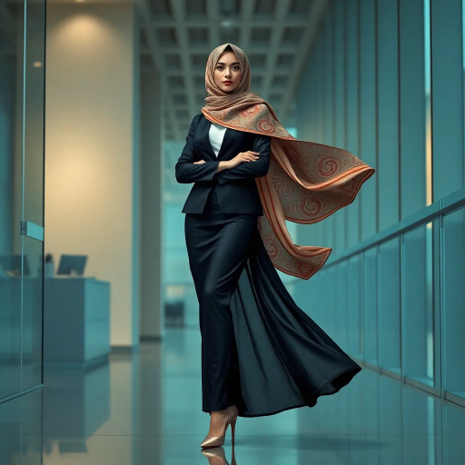 elegant Arab woman, contemporary fashion, hijab, professional attire, modern workplace, high heels, Middle Eastern influence, vibrant colors, soft ambient lighting, dynamic posing, cultural expression, delicate textiles, confident and empowering presence, sophisticated grace, diverse cultural representation, fusion of modern and traditional elements, cultural fusion, empowerment and poise, Impressionism influences, Gustav Klimt inspiration, Art Nouveau elegance, intricate patterns, intricate detailing, vibrant color palette, symbolic attire, office environment, balance and harmony, dynamic composition, surreal lighting, cultural narrative, refined textures, bold symbolism, artistic influences, multicultural dialogue, striking balance, expressive realism, innovative representation, unique fashion, delicate balance, harmonious color palette