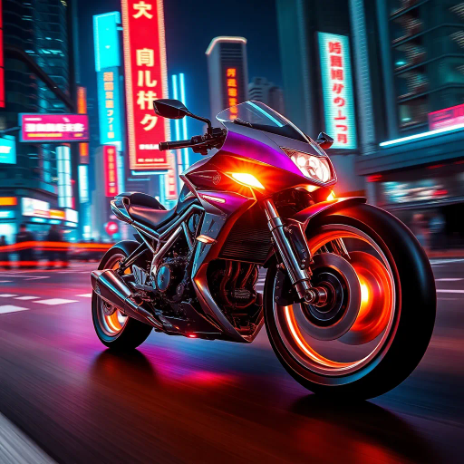 futuristic motorcycle, sleek design, dynamic movement, vibrant neon lighting, retro-futurism aesthetics, Ralph McQuarrie, cyberpunk cityscape, speed and energy, chrome finishes, intricate mechanical details, kinetic composition, bold contrasts, urban night setting, digital rendering techniques, motion blur, concept art, streamlined form, synthetic materials, high contrast shadows, immersive environment, Akira inspiration, Blade Runner ambiance, luminous reflections, electric hues, cutting-edge technology, dusk ambiance, cinematic angles, futuristic metropolis, pulsating vibrancy