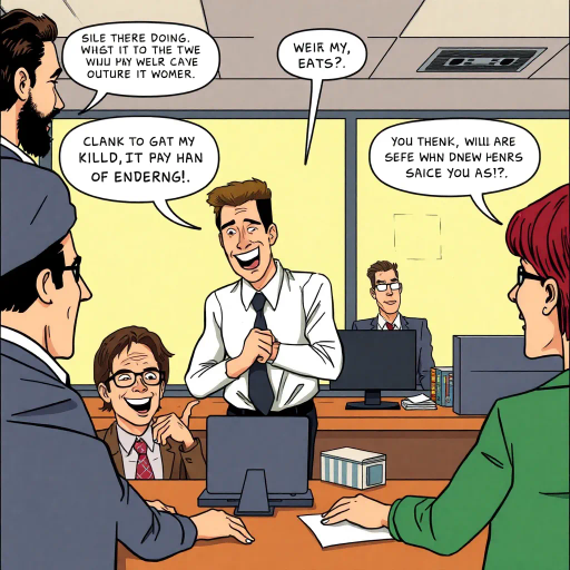 satirical workplace dynamics, humorous situations, colorful characters, Jim Halpert, Pam Beesly, mockumentary style, lively banter, office antics, playful tone, exaggerated expressions, narrative humor, corporate setting, vibrant palette, dynamic panels, exaggerated scenarios, comedic timing, slice of life, workplace comedy, Michael Scott, sitcom classic, Roy Lichtenstein influence, pop art aesthetic