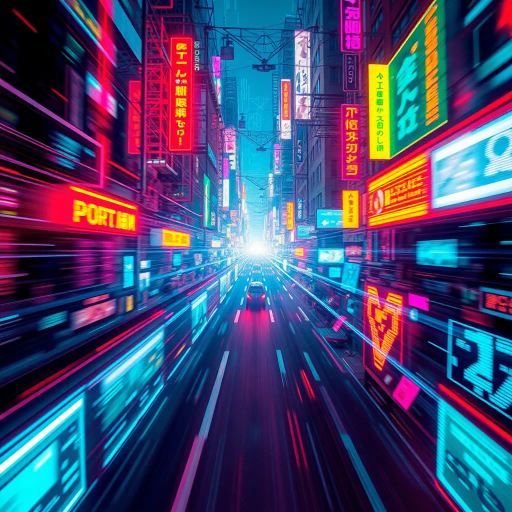 cybernetic future, digital age, neon lights, luminous colors, William Gibson influence, hacker ethos, intricate circuitry, glowing screens, rapid movement, urban landscape, techno-society, vivid contrast, electronic grids, dynamic composition, digital textures, cinematic framing, cybernetic elements, sci-fi noir, intense focus, street culture, dystopian narrative, high-tech atmosphere, fluorescent palette, abstract forms