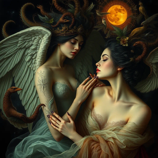 ethereal muses, surreal allure, vibrant hues, chiaroscuro light, Baroque influences, dreamlike landscapes, evocative symbolism, flowing forms, opulent textures, emotional depth, Caravaggio drama, mythical realms, intimate portraits, sensual elegance, soft focus, Renaissance revival, dramatic contrasts, hidden mysteries, whimsical shapes, delicate nuances, celestial harmony