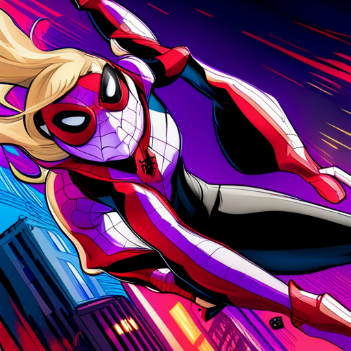 Gwen Stacy, Ghost Spider, Marvel, Spider-Verse, superhero, comic book, inked illustration, vibrant colors, dynamic composition, action-packed, web-slinging, crime-fighting, urban setting, graffiti, street art, dramatic lighting, aerial perspective, acrobatic poses, masked vigilante, parallel dimensions, alternate universes, teenage protagonist, coming-of-age story, emotional journey, secret identity, iconic costume, webbed patterns, intense moments, powerful emotions, high energy, sequential art, panel layout, dramatic angles, expressive linework, capturing motion