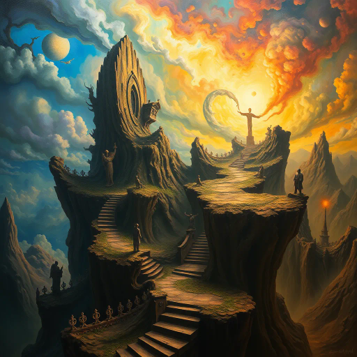 epic grandiose scale, vibrant energetic palette, surreal dreamscape, fantasy elements, inspired by Salvador Dalí, flowing dynamic forms, Baroque influence, dramatic chiaroscuro, intricate details, mythical symbolism, ethereal atmosphere, intense emotion, multi-dimensional perspective, abstract representation, iconic figures, immersive narrative, bold contrasts, renaissance revival, lush textures, avant-garde techniques