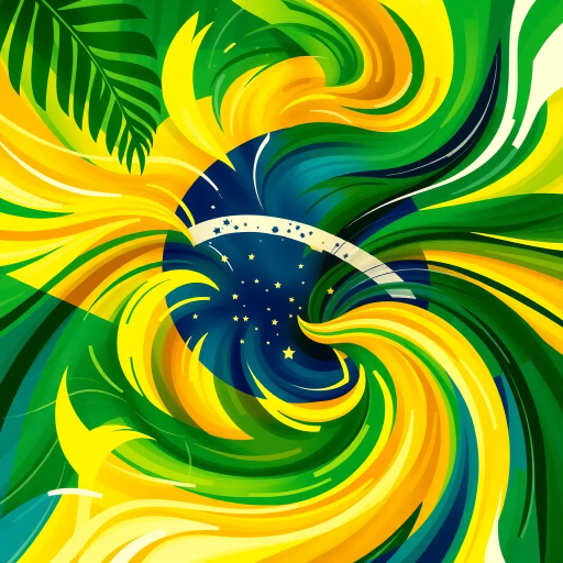 vibrant colors, swirling movement, tropical allure, Brazilian flag, geometric precision, cultural celebration, Carnival inspiration, abstract shapes, bold contrast, energetic flow, Rio de Janeiro, lush greens, radiant yellows, deep blues, chromatic harmony, festive spirit, national pride, rhythmic patterns, dynamic composition, joyful exuberance, modern interpretation