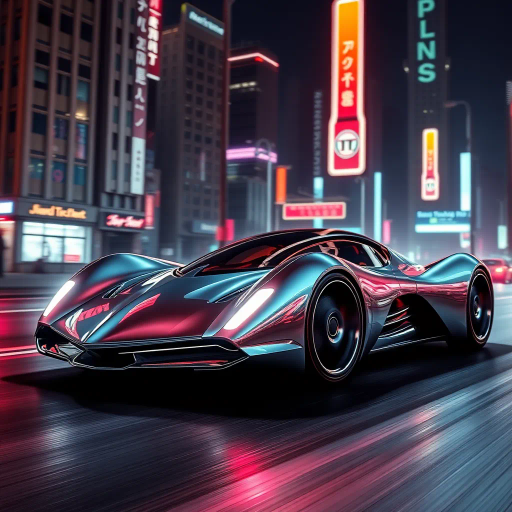 futuristic car design, sleek lines, chrome finish, vibrant neon highlights, dramatic lighting, dynamic movement, aerodynamic shape, retro-futurism, precision engineering, urban environment, concept art, high-tech materials, hyper-realistic detailing, modern aesthetics, speed and agility, metallic textures, ambient atmosphere, avant-garde composition, illuminated cityscape, art deco influences