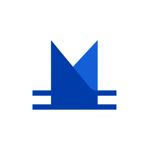 bold M logo mark, solid geometric letter, structured layers, subtle thin horizontal connector lines, indigo on white, modern minimal SaaS branding, flat vector, modernist simplicity, Bauhaus influence, clean design, minimalist aesthetics, structured composition, primary color palette, geometric precision, visual balance, negative space utilization, corporate identity, digital branding, contemporary design language, clarity in form