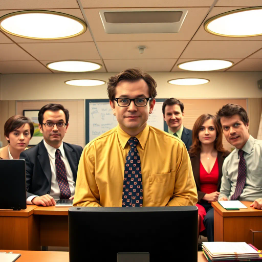 The Office, TV show, satirical humor, vibrant, Steve Carell, ensemble cast, mockumentary style, quirky, everyday life, work environment, subtle irony, character dynamics, Michael Scott, Dunder Mifflin, Scranton, Pennsylvania, documentary filming, 2000s television, comedic timing, deadpan expression, cultural phenomenon, paper company, witty banter, office antics, relatable humor, office supplies, Jim Halpert, Pam Beesly, Dwight Schrute, team dynamics, overhead fluorescent lighting, mundane yet charming, round camera angles, workplace relationships