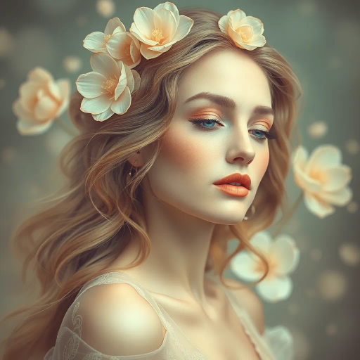 elegant, ethereal beauty, inspired by alfons mucha, art nouveau, soft pastels, delicate curves, intricate details, flowing lines, divine femininity, serene expressions, luminous skin, gentle allure, classic elegance, timeless grace, floral motifs, romanticism, subtle sensuality, ambient glow, sophisticated charm, natural form, organic textures, soft focus, harmonious design, intimate portraiture, visual poetry, artistic refinement