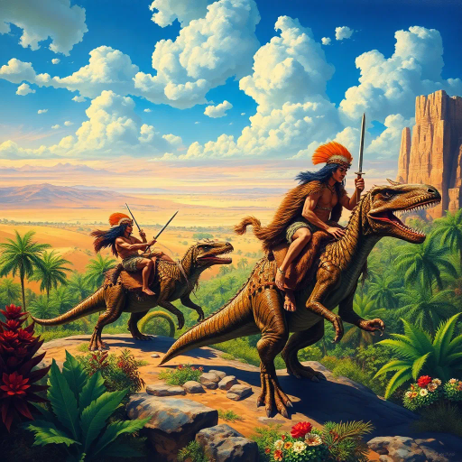 prehistoric warriors, wearing animal pelts, riding dinosaur-like creatures, verdant oasis, expansive desert horizon, dynamic composition, vibrant colors, surreal landscape, Maurice Sendak, Jean Giraud, Maxfield Parrish, dramatic lighting, intricate textures, mythical narrative, exotic flora, cinematic scale, primal energy, convergence of eras, Henri Rousseau, ethereal atmosphere, dynamic movement, whimsical creatures, adventurous mood, prehistoric visual storytelling, fusion of history and fiction, expressive brushstrokes, panoramic view, fantastical adventure, lavish detailing, imaginative world-building, untamed wilderness, epic scale, cultural symbolism, adventurous spirit, rich detail