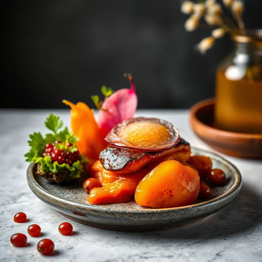 hyper-realistic, culinary artistry, still life, vibrant colors, succulent textures, food photography, gourmet presentation, chiaroscuro lighting, rich detail, natural composition, culinary textures, food stylization, glossy surfaces, nuanced hues, modern aesthetic, exquisite plating, artisanal craftsmanship, gourmet indulgence, food as art, visual feast, sumptuous presentation, high contrast, appetizing visual, culinary elegance, sumptuous design, hyper-detail, contemporary photographic style, gourmet mastery, luxurious ambiance, vivid saturation, elegant framing, sumptuous mise-en-scène, lavish visual storytelling, tasteful composition