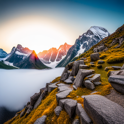 majestic peaks, dramatic vistas, natural symmetry, monochromatic palette, atmospheric perspective, epic scale, textured terrain, serene isolation, mountain ranges, grandeur, alpine glow, billowing clouds, rugged terrain, glacial formations, snowcapped peaks, jagged ridgelines