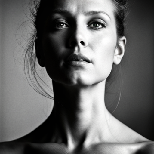 feminine strength, gracefulness, portrait, black and white, soft lighting, emotional expression, beauty, empowerment, contemporary, contrast, delicate features, monochrome, dramatic shadows, timeless elegance, chiaroscuro, Renaissance influence, ethereal mood