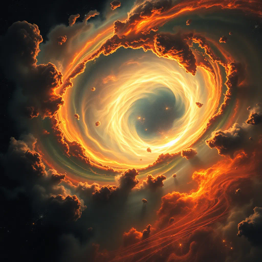 cosmic phenomenon, swirling vortex, event horizon, radiant luminosity, Albert Bierstadt-inspired, baroque grandeur, contrasting shadows, ethereal glow, interstellar dust, infinite void, dynamic motion, gravitational pull, dark matter, space-time fabric, celestial mystery, enigmatic atmosphere, surreal juxtaposition, expansive scale, cosmic harmony, timeless elegance, elemental forces, transcendental experience, visual allegory, metaphysical exploration, vibrant colors, otherworldly beauty, intricate detail, imaginative storytelling, dreamlike wonder, celestial elegance, universe's expanse