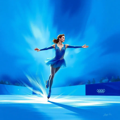 Olympic figure skating, contestant, blue contest suit, luminous blue background, spectators, dynamic movement, graceful pose, vibrant colors, shimmering ice, ethereal lighting, expressions of focus, elegant choreography, fluid lines, impressionistic brushwork, contemporary style, athletic performance, serene mood, panoramic view, artistry of motion, contrast of light and shadow, hint of futurism, evoking emotion, energy and poise, visual storytelling, harmonious balance, gliding elegance, majestically captured