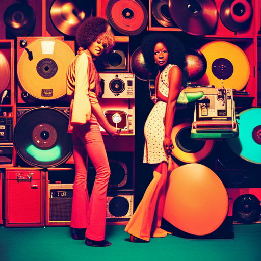 Vintage colors, film grain, retro clothing, disco music, groovy patterns, soft focus, fading light, bokeh, bellbottoms, platform shoes, leisure suits, cassette tapes, record players, funk music, disco balls, roller skates, mood lighting, psychedelic art, peace signs, love beads, flower power, afros, feathered hair