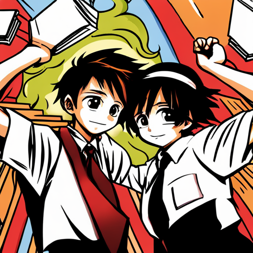 colorful, vibrant, playful, animated, manga, Japanese art, dynamic composition, expressive characters, flowing hair, school uniforms, emotive facial expressions, detailed backgrounds, iconic poses, action-packed, adventurous, fun, school setting, shy girl, boyish boys, emotional connection, joyful, energetic, lively, manga artist, school friends, contrast, relationships, coming-of-age, slice of life