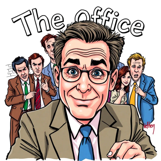 satirical humor, vibrant colors, dynamic composition, television pop culture, exaggerated expressions, mockumentary theme, Steve Carell, character study, The Office tribute, workplace antics, iconic moments, pencil sketch base, ink outlines, emotional depth, American TV sitcom, 2000s television era, comedic timing, cultural phenomena, storytelling through panels, character dynamics