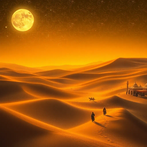 Arabian dunes, mystical desert, warm golden hues, Persian miniatures, calligraphic swirls, vibrant bazaar, intricate patterns, thousand and one nights, celestial glow, chiaroscuro, surreal landscapes, Bedouin tents, rich silks, narrative tradition, Maurice Denis inspiration, ancient wisdom, exotic elegance, starry night skies, mystical ambiance, cultural tapestry, ornate arabesques, timeless beauty, mythical creatures, lush oases, romantic allure, expansive horizons, moonlit sands