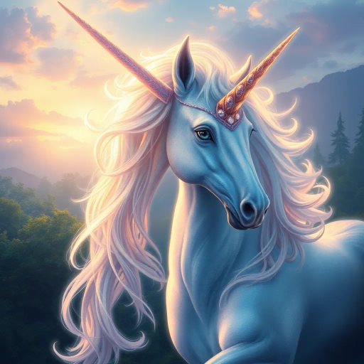 majestic unicorn, enchanted forest, luminous aura, ethereal glow, dreamy atmosphere, vibrant iridescence, mythical creature, intricate details, surreal landscape, whimsical essence, Josephine Wall, Art Nouveau, twilight hues, magical realism, celestial light, flowing mane, mythical symbolism, serene elegance, fantasy narrative, delicate textures, imaginative realm, mystical ambiance