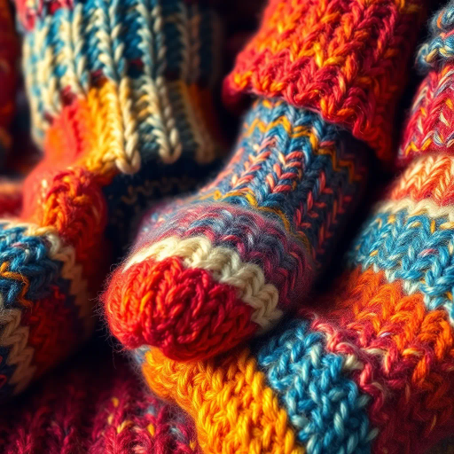 cozy woolen socks, textured fabric, warm hues, abstract patterns, intricate knitting, soft fibers, comfort and warmth, playful colors, vibrant design, homey atmosphere, Van Gogh inspired, impressionism, dynamic brushstrokes, bold outlines, surreal twist, homely touch, gentle gradients, artistic flair, Leo Villareal influences, illuminated highlights, fabric realism, detailed close-up