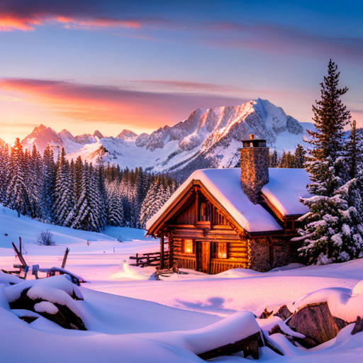 rustic cabin, mountain view, cozy fireplace, snowy landscape, wooden beams, warm light, winter retreat, natural surroundings, log walls, tranquil setting