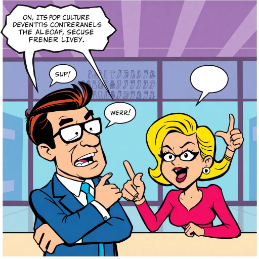 satirical illustration, pop culture references, vibrant colors, exaggerated expressions, Roy Lichtenstein influence, humorous tone, punchy visuals, contemporary twist, speech bubbles, dynamic poses, graphic design, bold outlines, modern setting, irony, social commentary, playful composition, vibrant palettes, narrative humor, cartoonish elements, expressive gestures, witty presentation