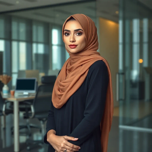 elegant Arab lady, professional setting, contemporary office, wearing a hijab, high heels, smooth skin, detailed portrait, vibrant colors, soft lighting, sophisticated atmosphere, cultural elegance, modernist approach, delicate brushstrokes, graceful posture, cosmopolitan vibe, subtle textures, serene expression, balanced composition, gentle curves, harmonious palette, refined aesthetics